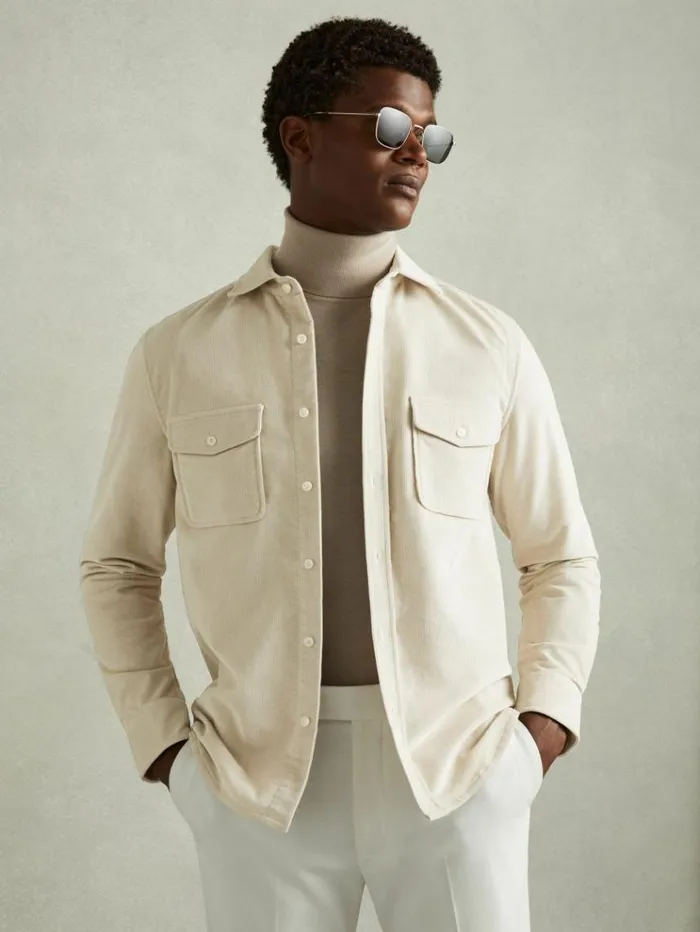 REISS Shirts Men Cotton Blend Corduroy Overshirt Stone