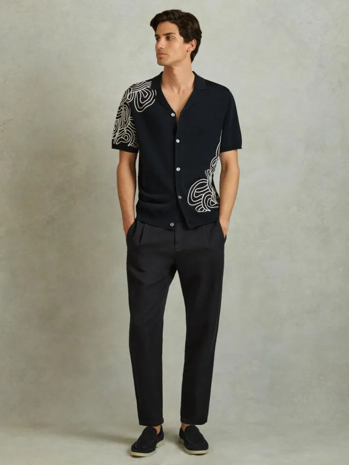 REISS Shirts Men Jersey Embroidered Cuban Collar Shirt Navy