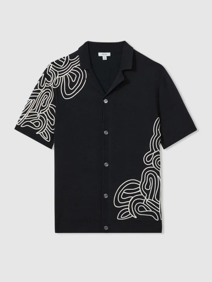 REISS Shirts Men Jersey Embroidered Cuban Collar Shirt Navy