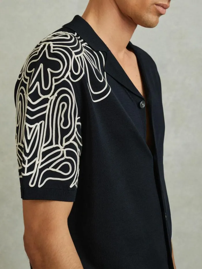 REISS Shirts Men Jersey Embroidered Cuban Collar Shirt Navy