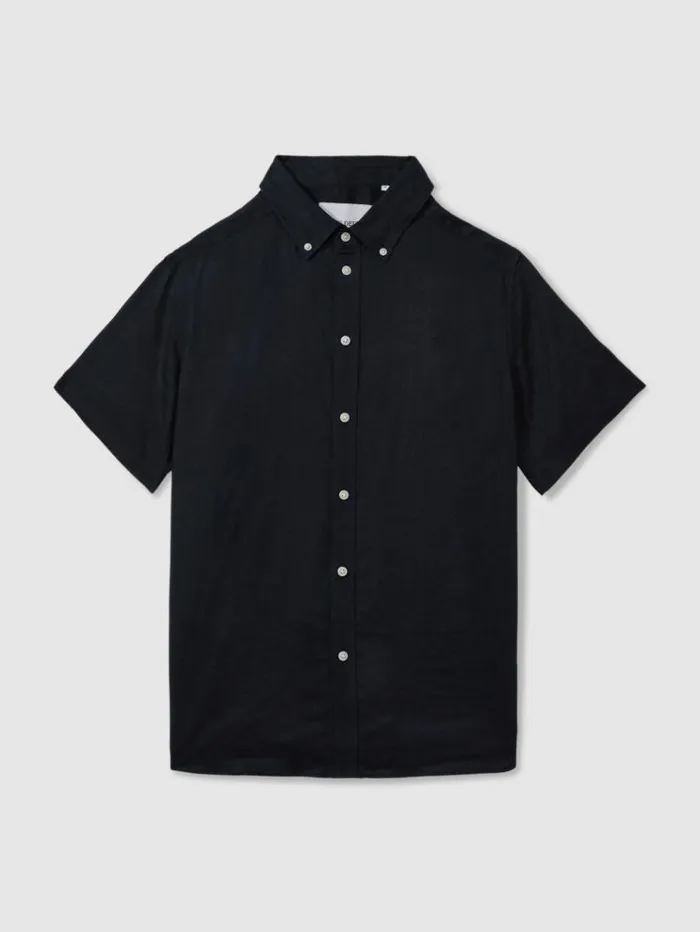 REISS Shirts Men Les Deux Light Green Linen Oxford Shirt Navy
