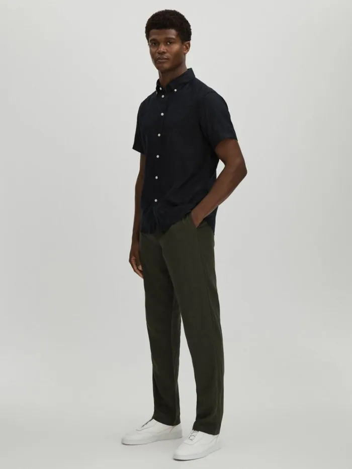 REISS Shirts Men Les Deux Light Green Linen Oxford Shirt Navy