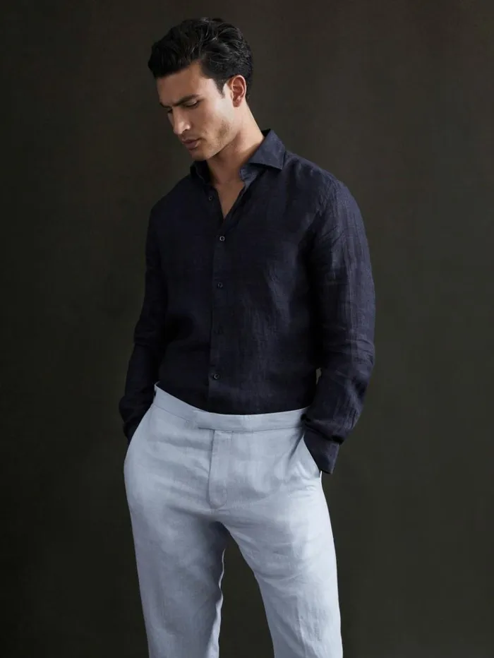 REISS Shirts Men Linen Button Through Shirt Navy