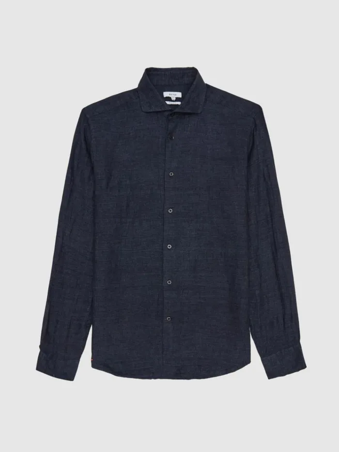 REISS Shirts Men Linen Button Through Shirt Navy