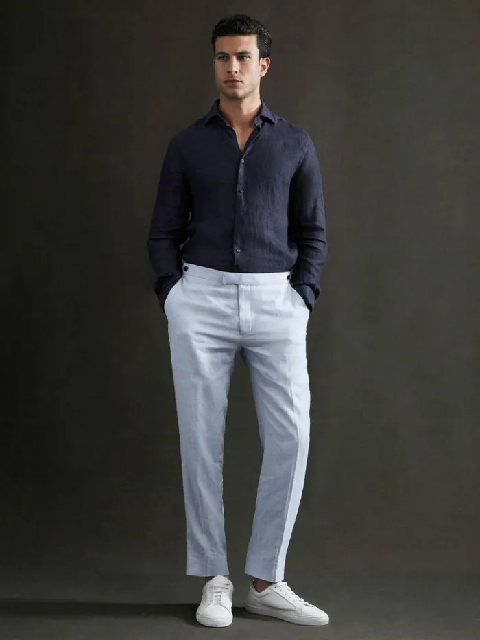 REISS Shirts Men Linen Button Through Shirt Navy