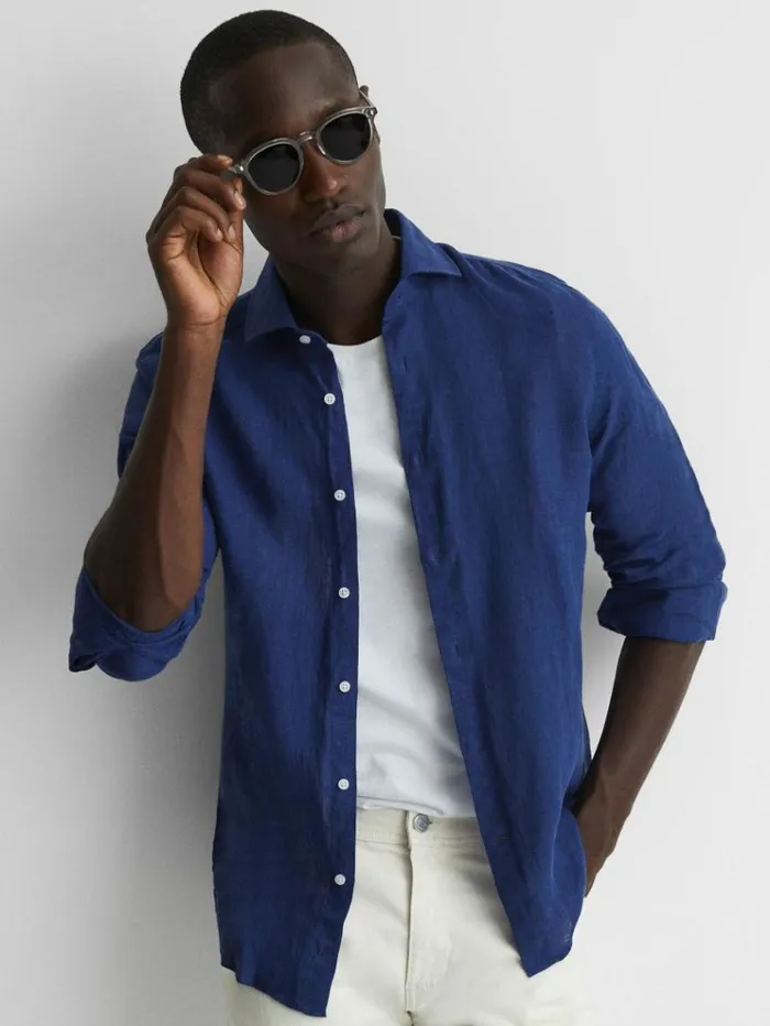 REISS Shirts Men Linen Button Through Shirt Royal Blue