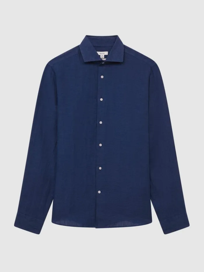REISS Shirts Men Linen Button Through Shirt Royal Blue REISS Shirts Men Linen Button Through Shirt Royal Blue