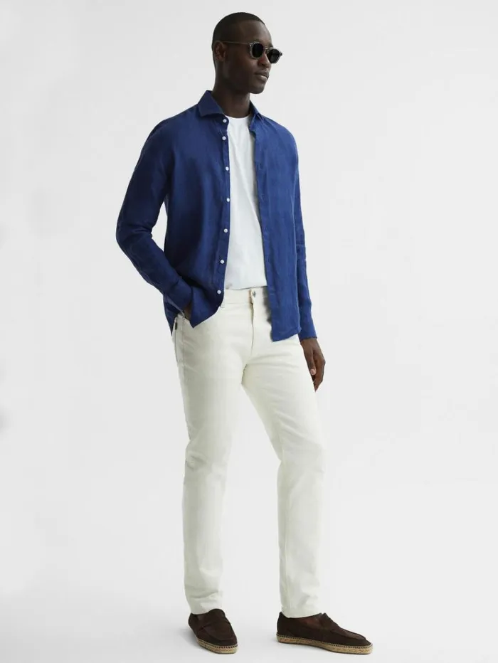 REISS Shirts Men Linen Button Through Shirt Royal Blue REISS Shirts Men Linen Button Through Shirt Royal Blue