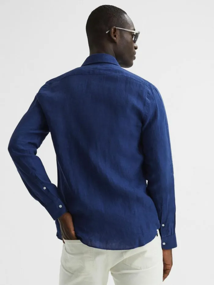 REISS Shirts Men Linen Button Through Shirt Royal Blue REISS Shirts Men Linen Button Through Shirt Royal Blue
