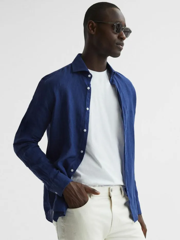 REISS Shirts Men Linen Button Through Shirt Royal Blue REISS Shirts Men Linen Button Through Shirt Royal Blue
