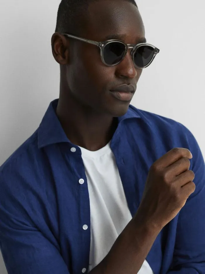REISS Shirts Men Linen Button Through Shirt Royal Blue REISS Shirts Men Linen Button Through Shirt Royal Blue