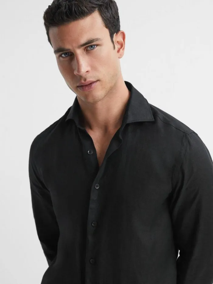 REISS Shirts Men Linen Cutaway Collar Shirt Black