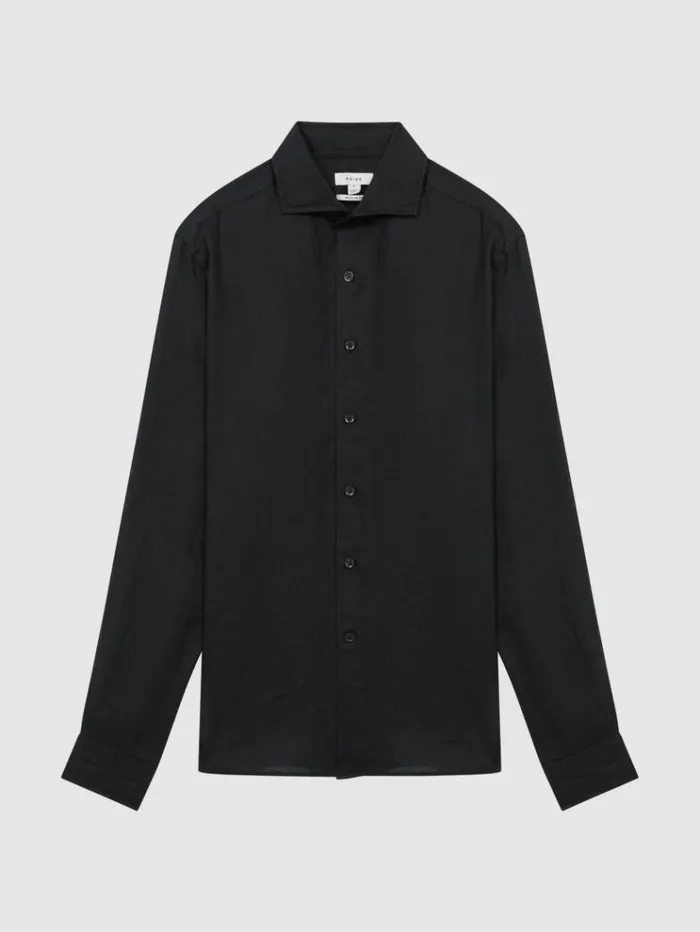 REISS Shirts Men Linen Cutaway Collar Shirt Black