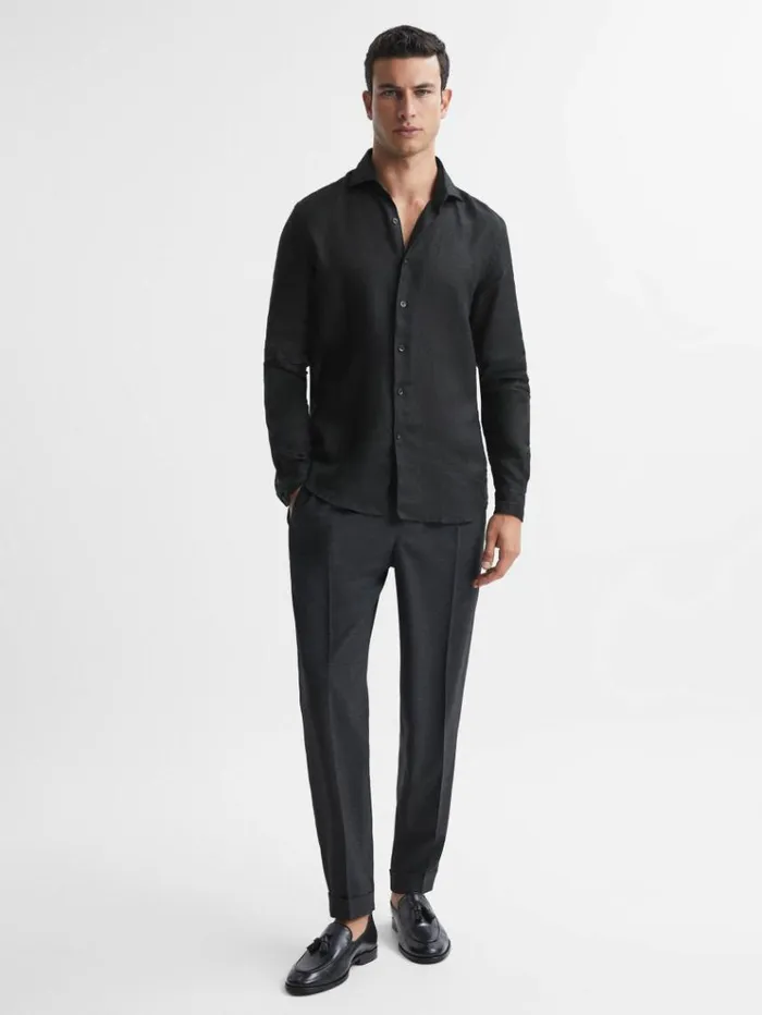 REISS Shirts Men Linen Cutaway Collar Shirt Black