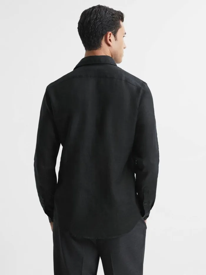 REISS Shirts Men Linen Cutaway Collar Shirt Black
