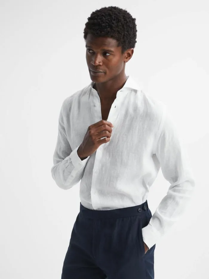 REISS Shirts Men Linen Cutaway Collar Shirt White