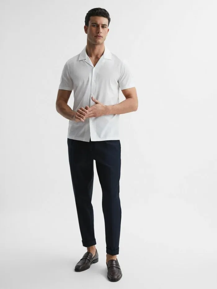 REISS Shirts Men Mercerised Jersey Cuban Collar Shirt White