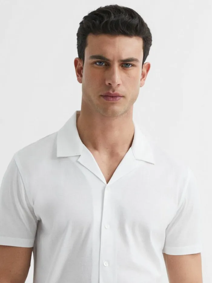 REISS Shirts Men Mercerised Jersey Cuban Collar Shirt White