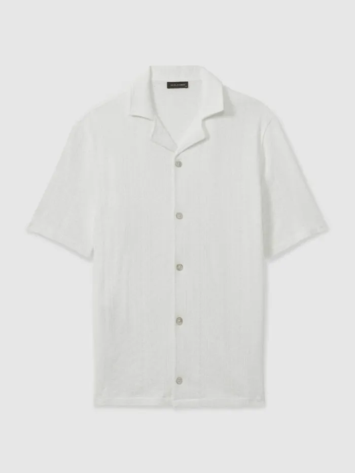 REISS Shirts Men Oscar Jacobson Cotton OpenKnit Cuban Collar Shirt Snow White REISS Shirts Men Oscar Jacobson Cotton OpenKnit Cuban Collar Shirt Snow White