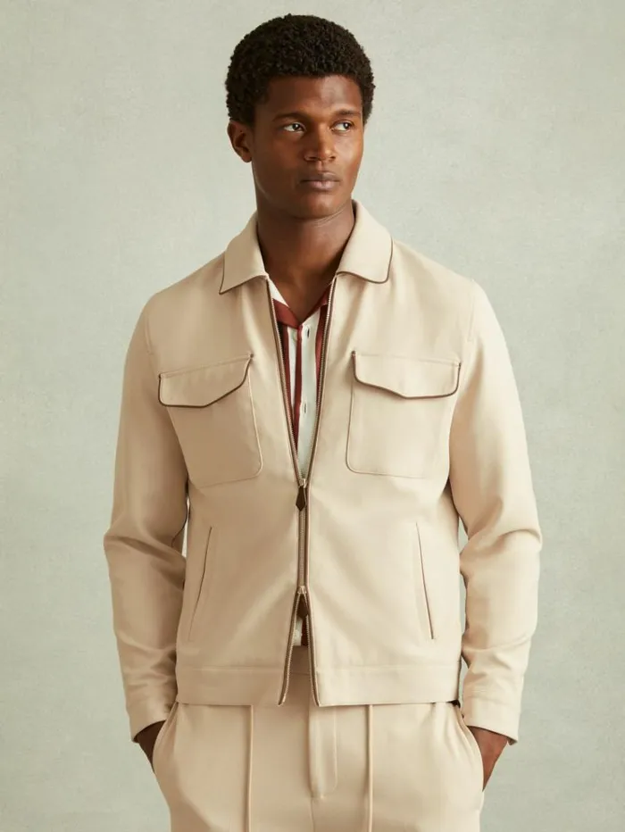 REISS Shirts Men Relaxed Contrast Pipe Detail Jacket Ecrubrown Stripe