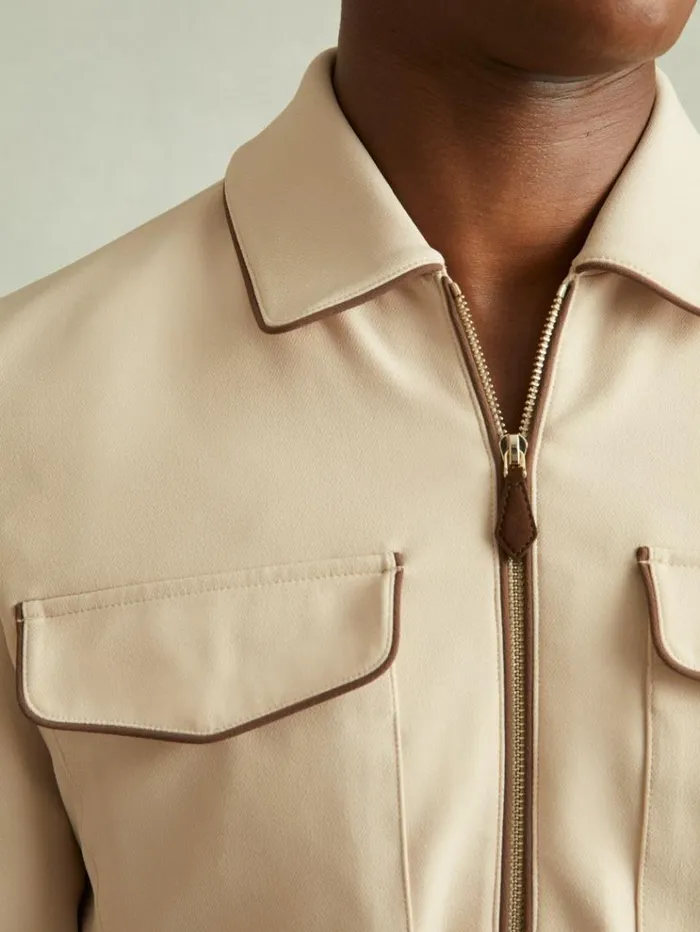 REISS Shirts Men Relaxed Contrast Pipe Detail Jacket Ecrubrown Stripe