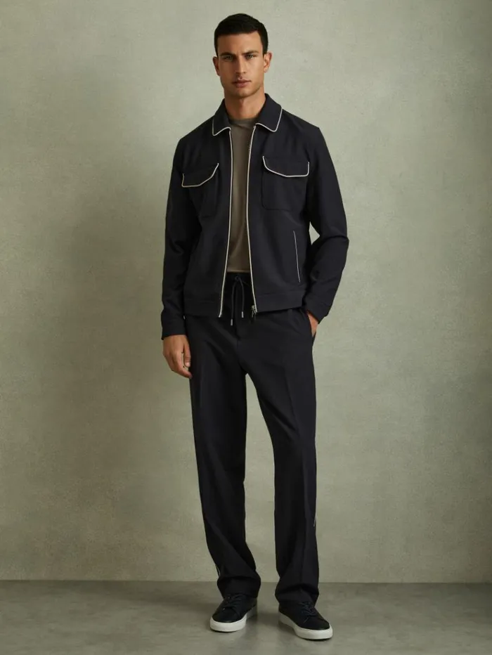 REISS Shirts Men Relaxed Contrast Pipe Detail Jacket Navyivory Stripe