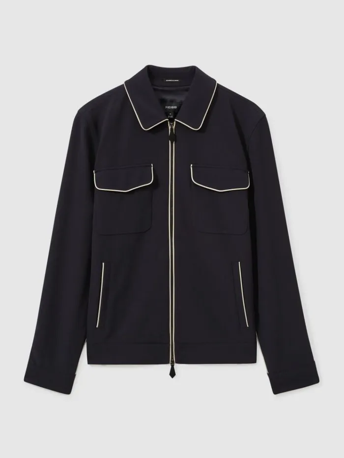 REISS Shirts Men Relaxed Contrast Pipe Detail Jacket Navyivory Stripe