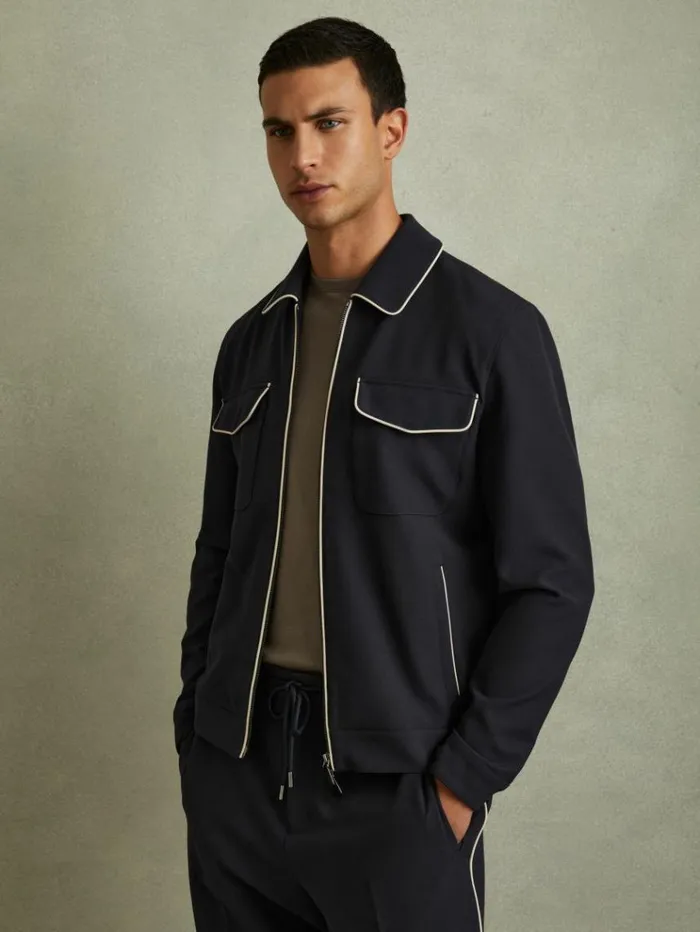 REISS Shirts Men Relaxed Contrast Pipe Detail Jacket Navyivory Stripe