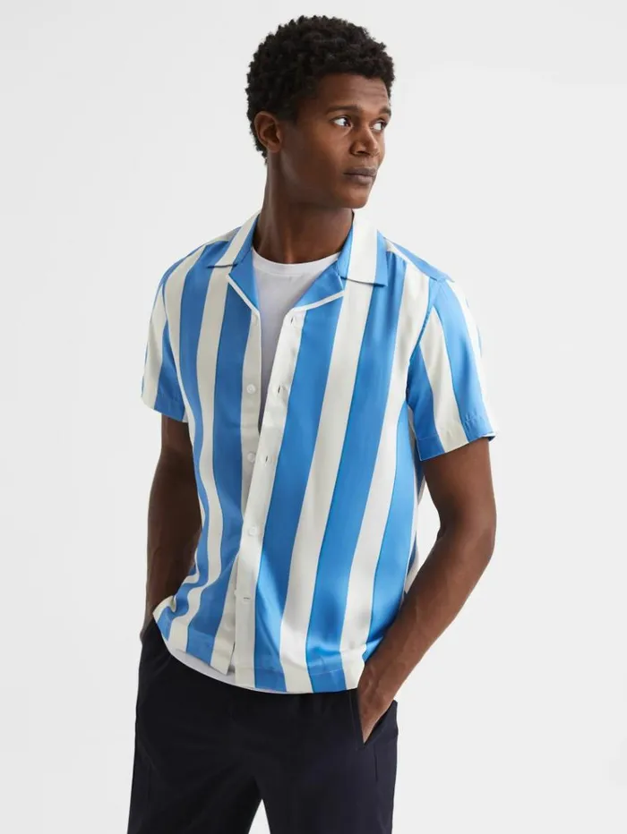 REISS Shirts Men Slim Fit Cuban Collar Striped Shirt Bluewhite