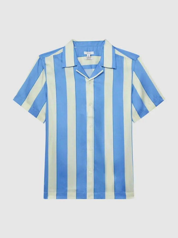 REISS Shirts Men Slim Fit Cuban Collar Striped Shirt Bluewhite