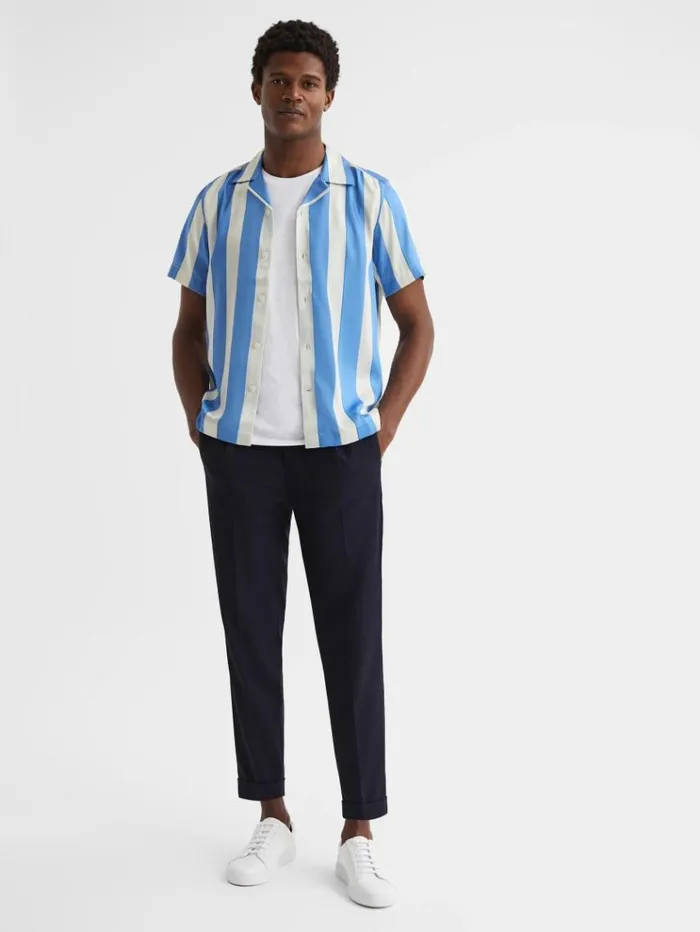 REISS Shirts Men Slim Fit Cuban Collar Striped Shirt Bluewhite