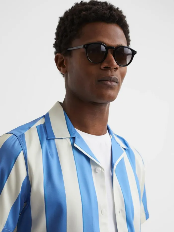 REISS Shirts Men Slim Fit Cuban Collar Striped Shirt Bluewhite