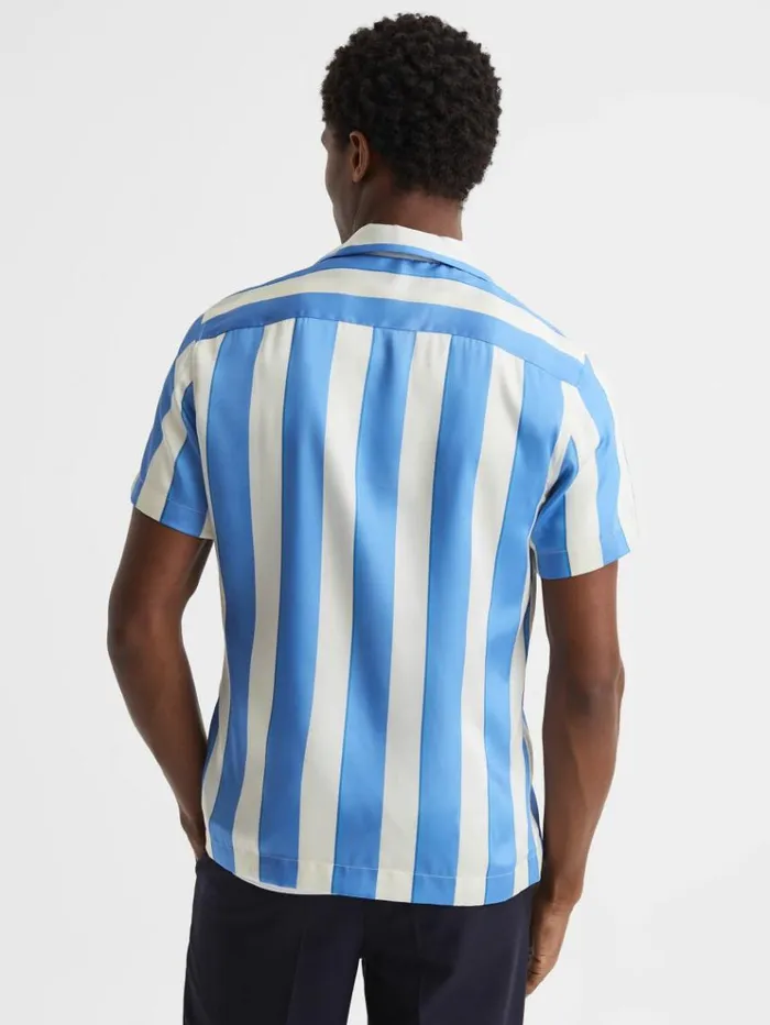 REISS Shirts Men Slim Fit Cuban Collar Striped Shirt Bluewhite