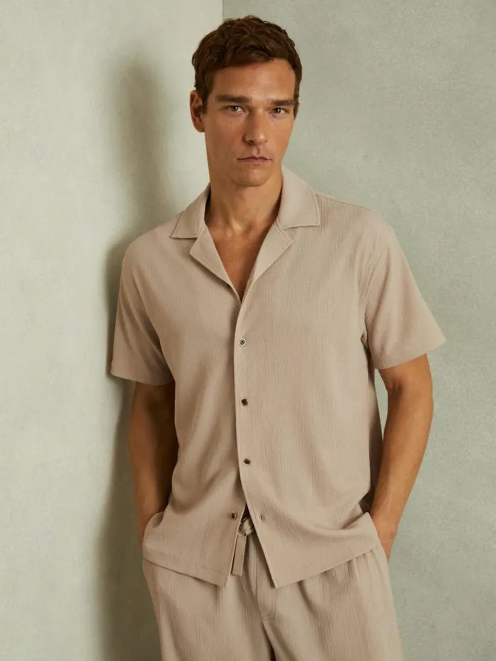 REISS Shirts Men Textured Crepe Cuban Collar Shirt Oatmeal