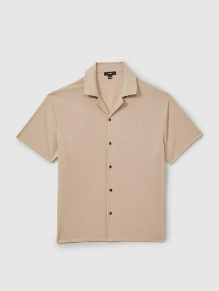 REISS Shirts Men Textured Crepe Cuban Collar Shirt Oatmeal