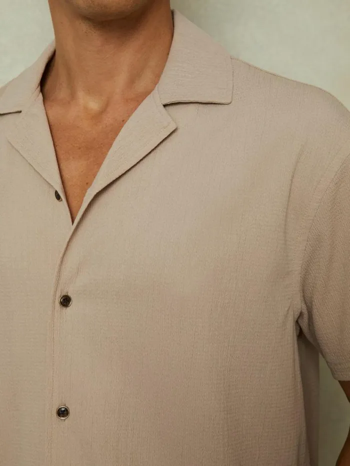 REISS Shirts Men Textured Crepe Cuban Collar Shirt Oatmeal