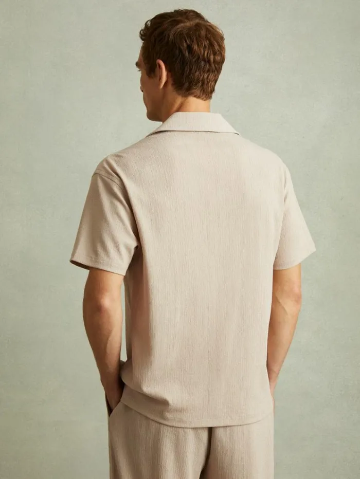 REISS Shirts Men Textured Crepe Cuban Collar Shirt Oatmeal