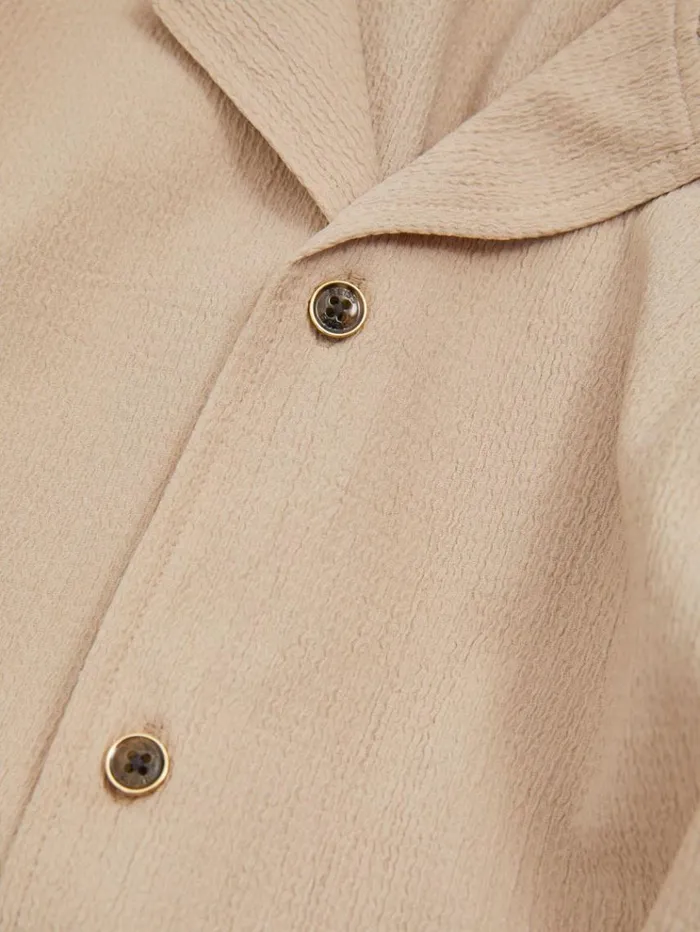 REISS Shirts Men Textured Crepe Cuban Collar Shirt Oatmeal