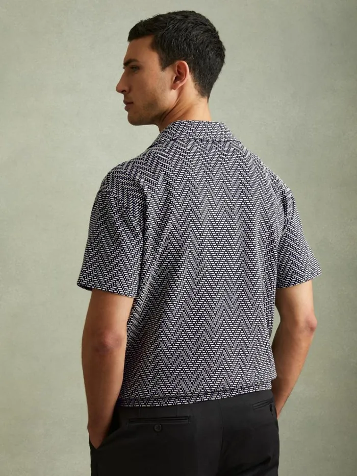 REISS Shirts Men ZigZag Cuban Collar Shirt Navy