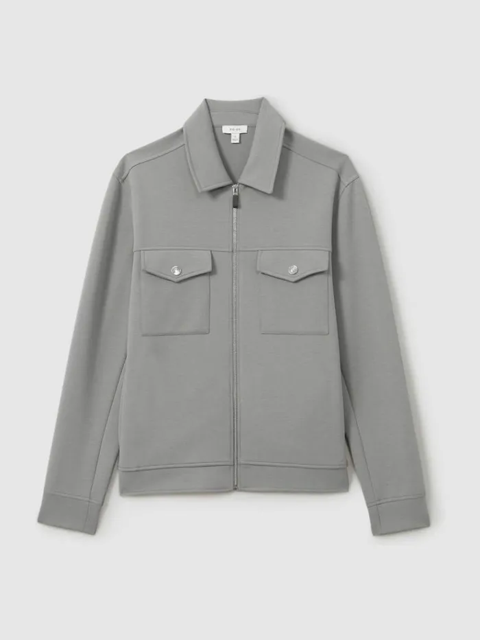 REISS Shirts Men Zipped InterlockJersey Overshirt Flint Grey