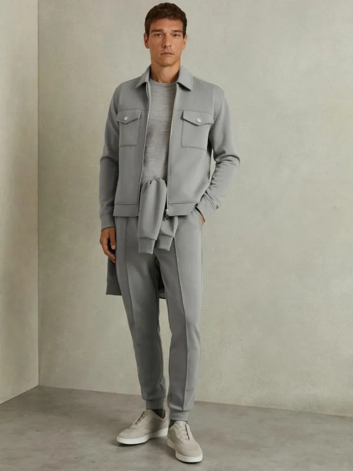 REISS Shirts Men Zipped InterlockJersey Overshirt Flint Grey
