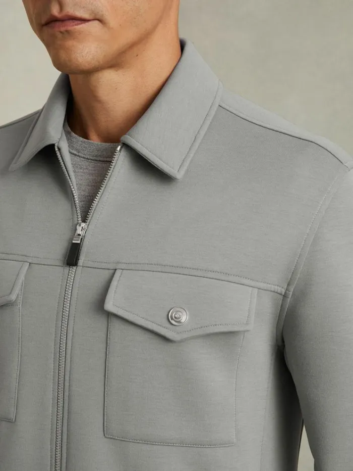 REISS Shirts Men Zipped InterlockJersey Overshirt Flint Grey