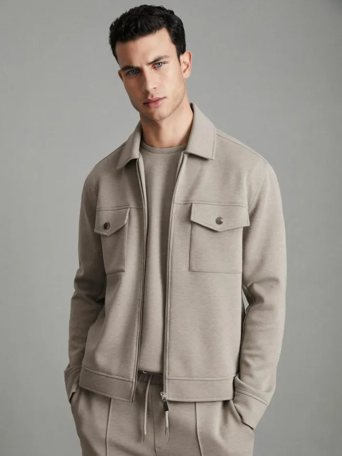REISS Shirts Men Zipped InterlockJersey Overshirt Taupe