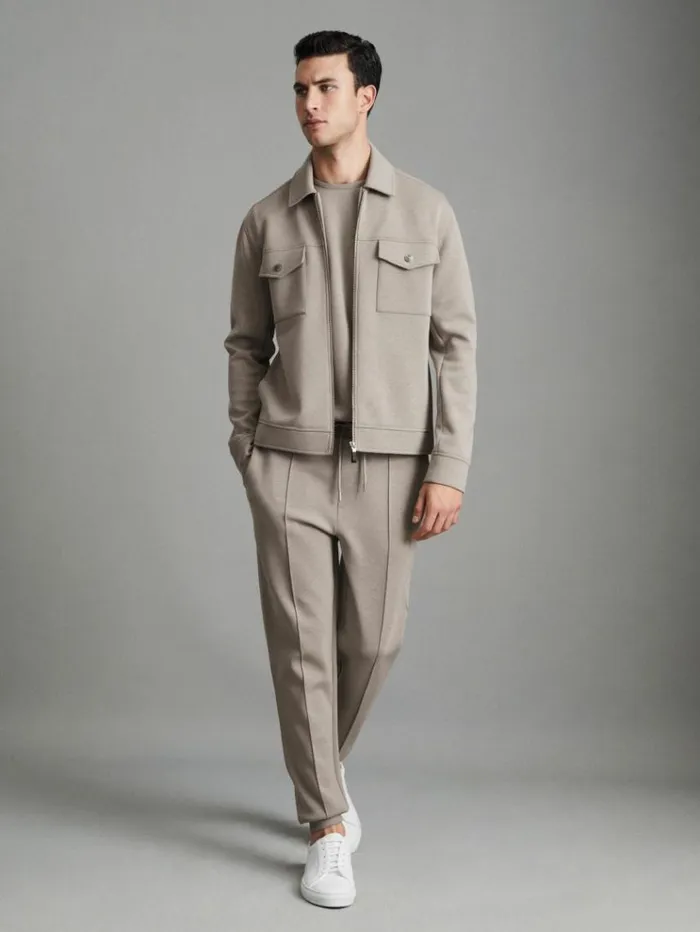 REISS Shirts Men Zipped InterlockJersey Overshirt Taupe
