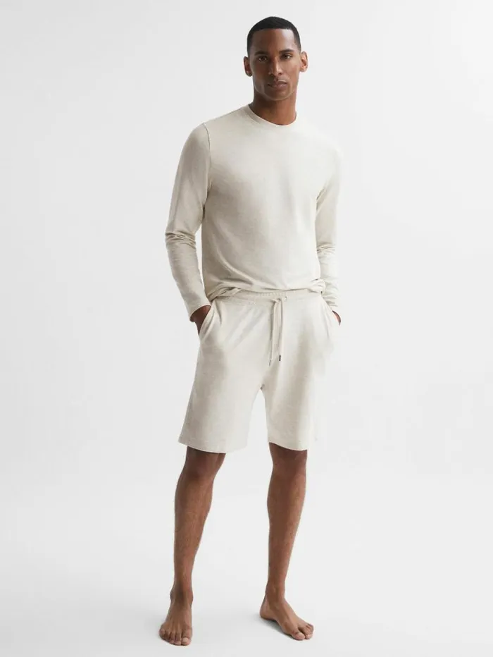 REISS Shorts Men Drawstring Fleece Lined Shorts Oatmeal Melange