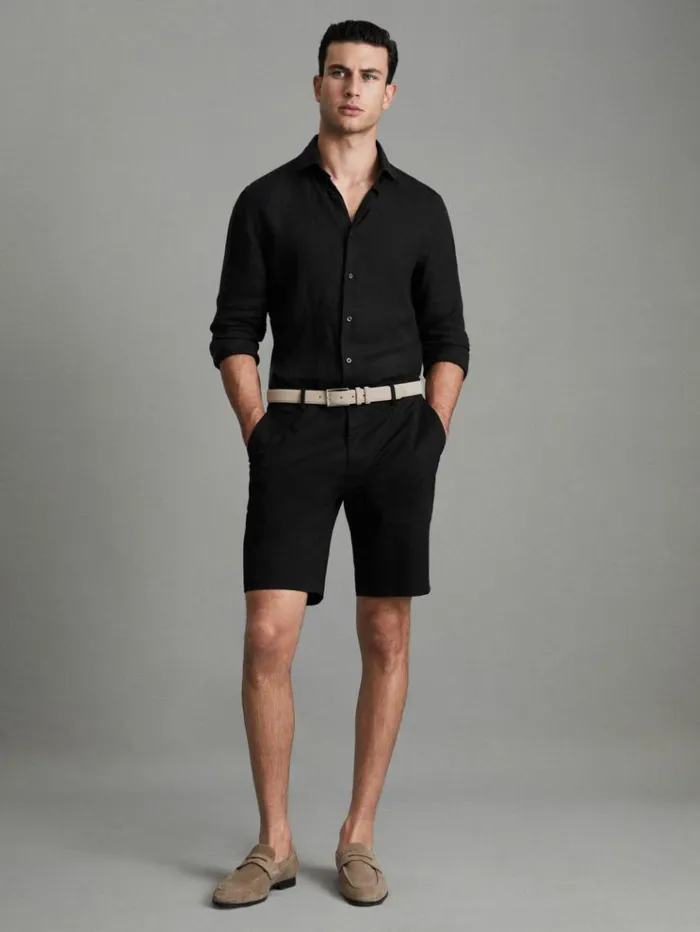 REISS Shorts Men Modern Fit Cotton Blend Chino Shorts Black