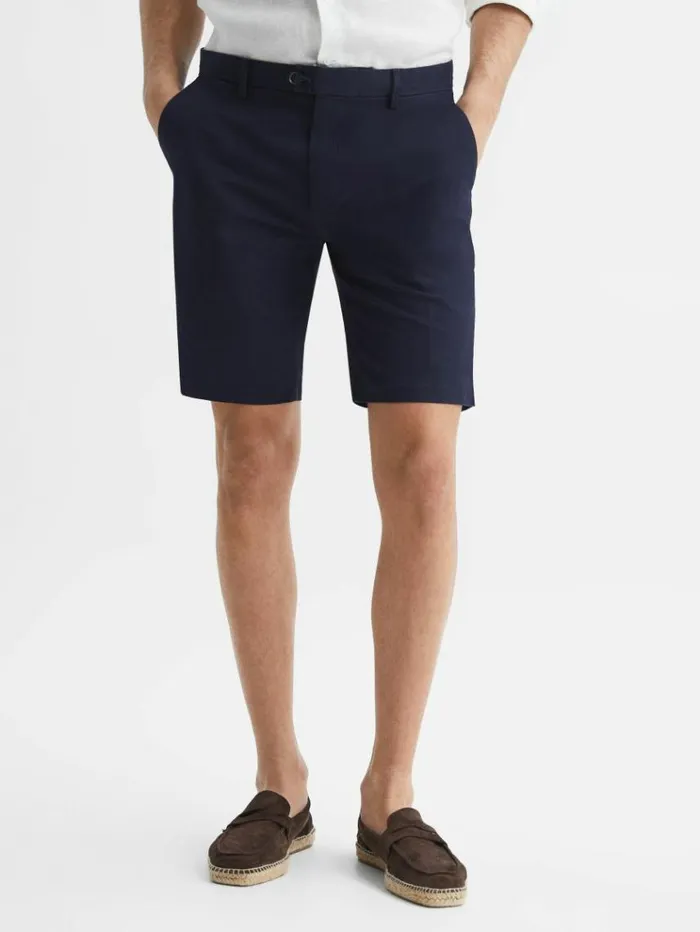 REISS Shorts Men Modern Fit Cotton Blend Chino Shorts Navy