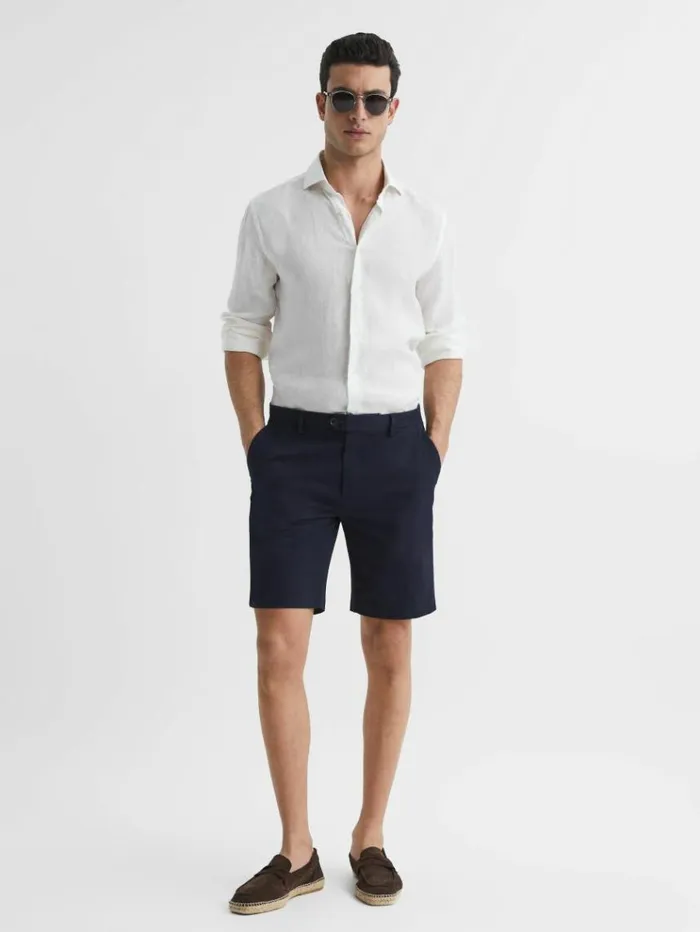 REISS Shorts Men Modern Fit Cotton Blend Chino Shorts Navy