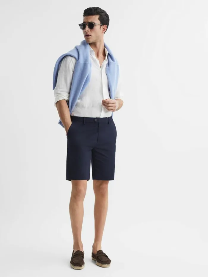 REISS Shorts Men Modern Fit Cotton Blend Chino Shorts Navy