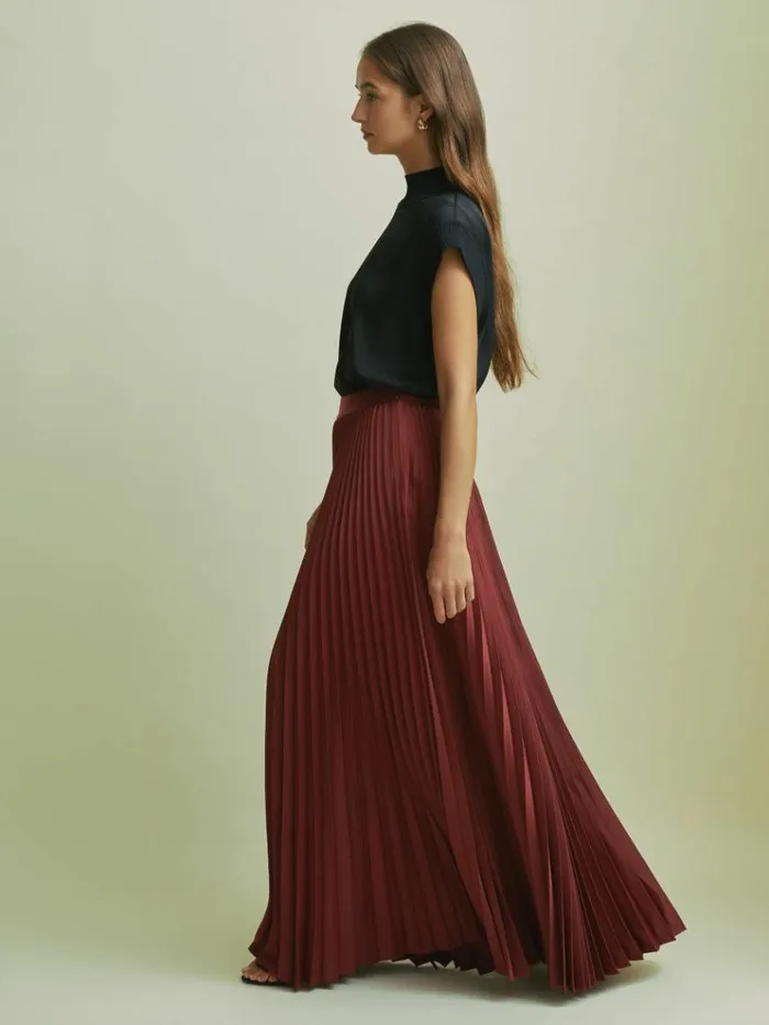 REISS Skirts Women Florere Cinnamon Pleated Satin Maxi Skirt Cinnamon